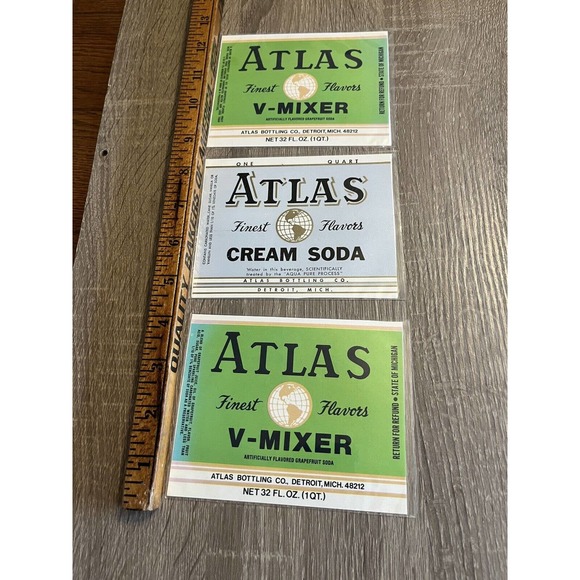 Atlas Bottling V-Mixer & Cream Soda Pop Old Soda Bottle Labels Detroit Michigan - Picture 2 of 3